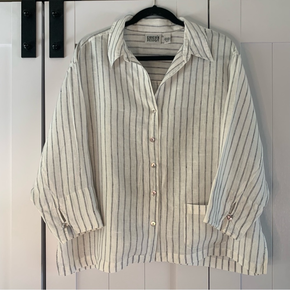 Chico’s Design 100% Linen Striped Button Down Shirt Size 3 (XL)